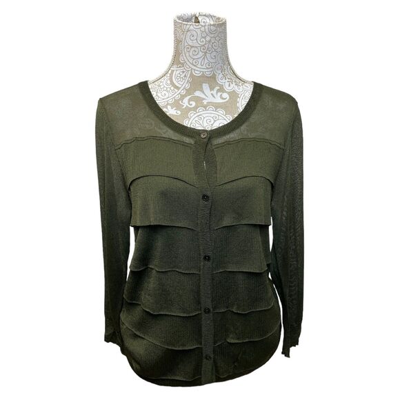 Talbots Tiered Ruffle Front Knit Cardigan, Dark Olive, nwot size L - Picture 1 of 7
